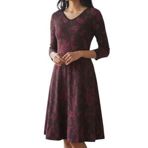 Peruvian Connection Metallic Wine Black floral dress Sz Medium Fit Flare V Neck